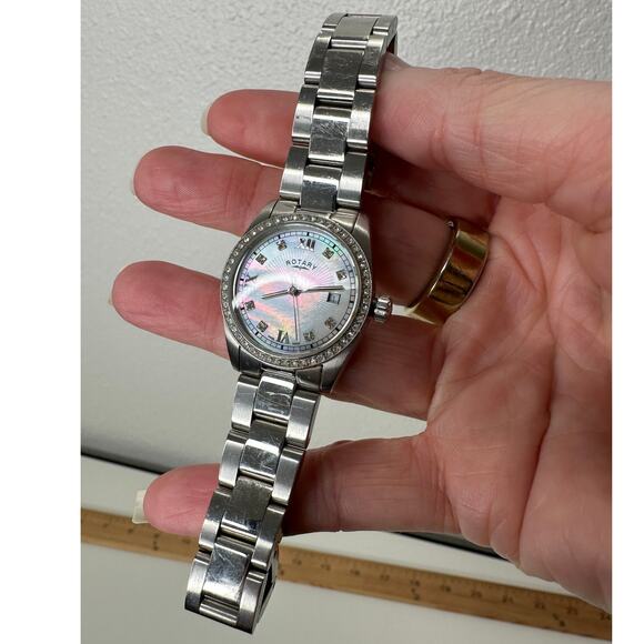 Rotary Havana Silver Diamond Bezel Pearl Face Quartz Watch - Picture 4 of 15
